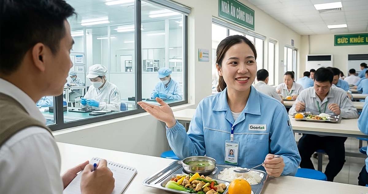 Hình ảnh miêu tả công nhân đang nghỉ trưa tại Goertek (ảnh tạo bới AI)